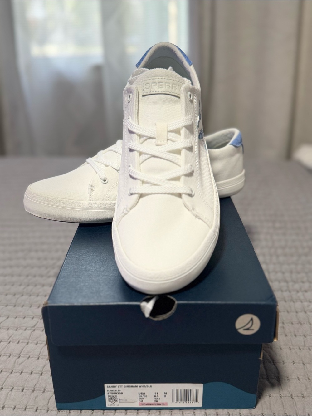 S Sperry Sandy LTT Gingham Sneakers, White/Blue, Women’s Size 11, New